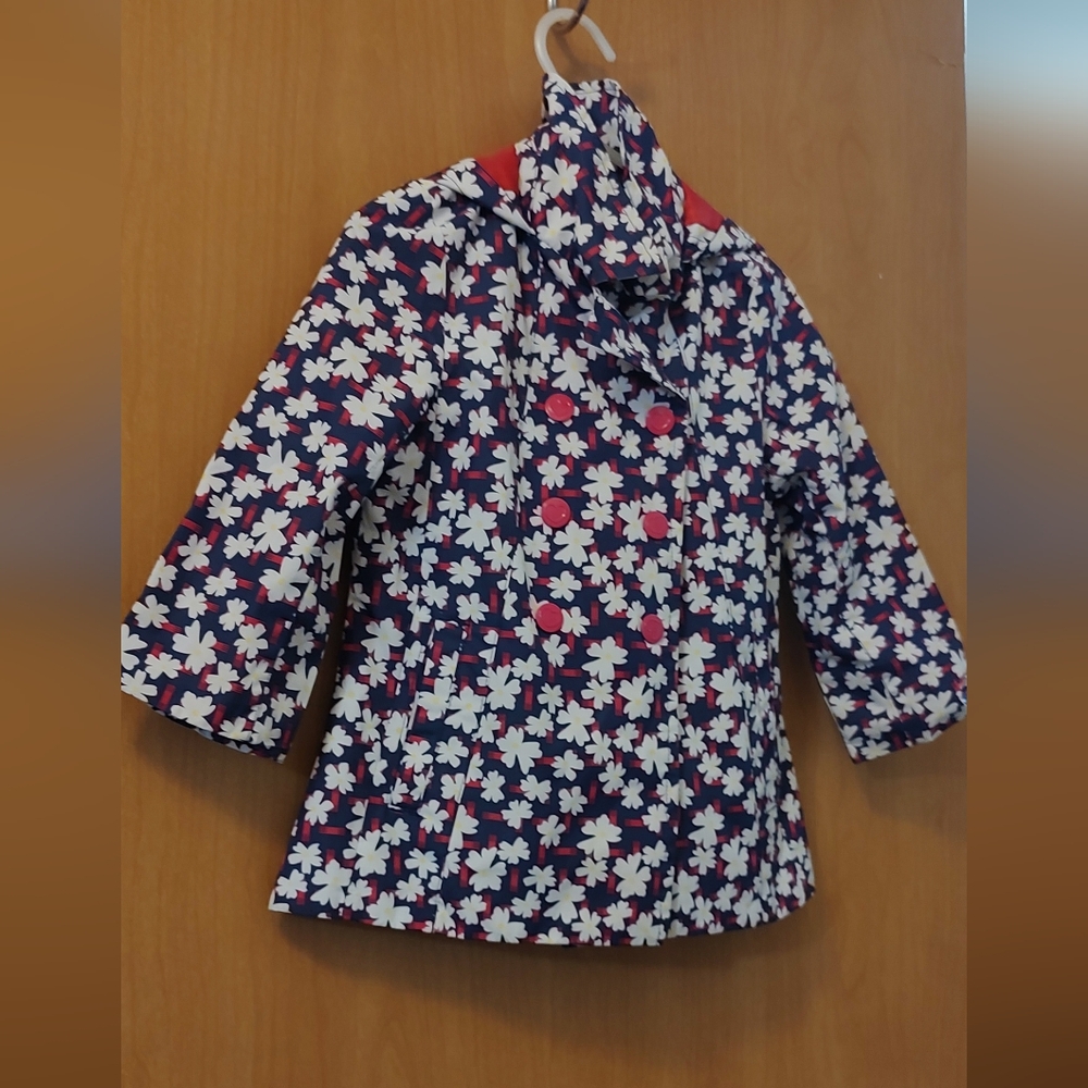 London Fog Girls Navy Floral Raincoat with White & Pink Flowers